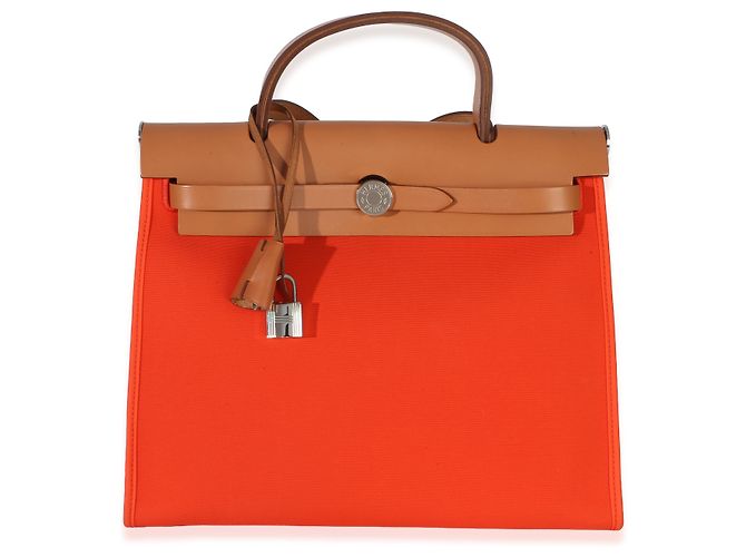 Hermès Orange Poppy Toile Vache Hunter Herbag Zip 31 PM PHW Arancione - vista 8