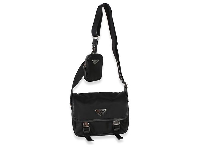 Bolsa Messenger Prada em Tessuto Saffiano preta com fivela dupla Preto - vista 5
