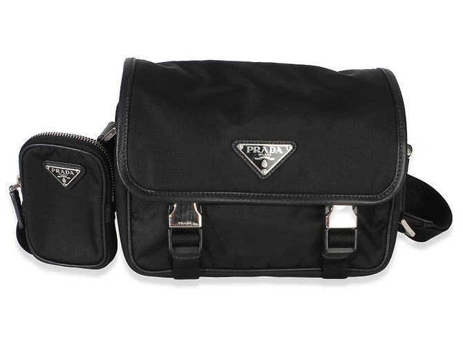Bolsa Messenger Prada em Tessuto Saffiano preta com fivela dupla Preto - vista 8