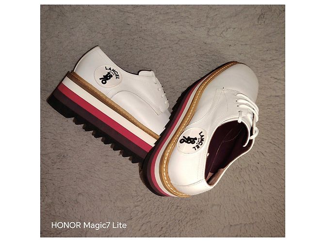 Scarpe Derby platform in pelle bianca Lancel Marrone Bianco Bordò - vista 5