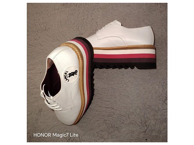 Scarpe Derby platform in pelle bianca Lancel Marrone Bianco Bordò - vista 7