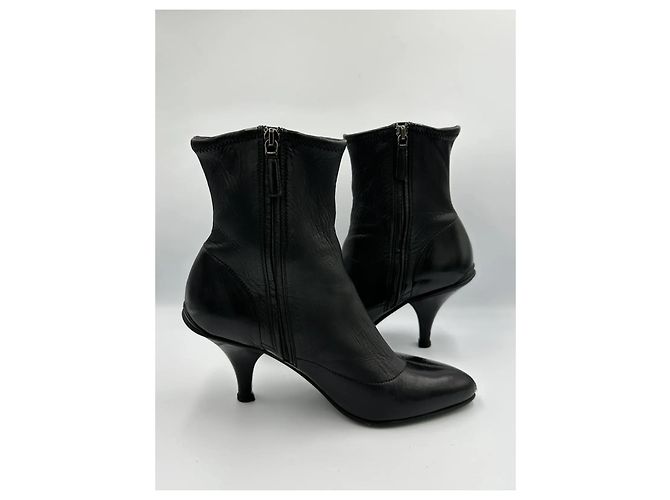 Prada Black Leather Pointed Toe Ankle Boots - view 9