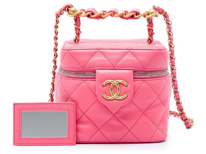 Chanel Small CC Vanity Case aus gestepptem Lammleder in Rosa mit Kette Pink - Ansicht 7