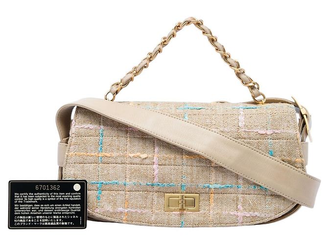 Borsa Chanel Mademoiselle in Tweed Beige Chocolate Bar - vista 7