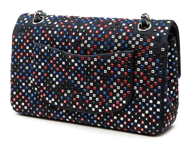 Chanel Blue Medium Classic Strass Embellished Denim Double Flap Blu navy - vista 2