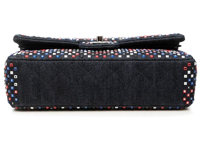 Chanel Blue Medium Classic Strass Embellished Denim Double Flap Blu navy - vista 3