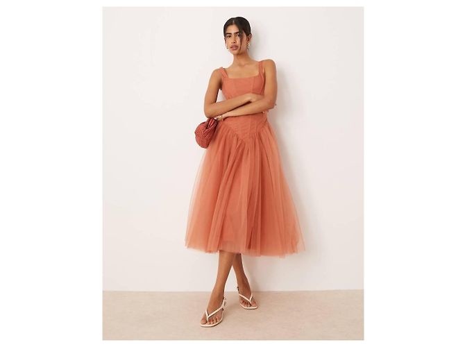 Autre Marque Vestido midi de tul naranja Lace & Beads - vista 5