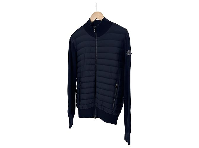 Moncler Cardigã acolchoado masculino em malha de algodão tricotada preto e azul marinho - vista 2