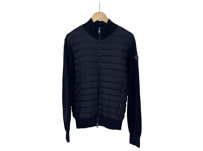 Moncler Cardigã acolchoado masculino em malha de algodão tricotada preto e azul marinho - vista 4