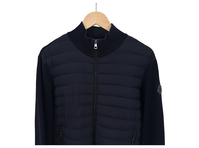 Moncler Cardigã acolchoado masculino em malha de algodão tricotada preto e azul marinho - vista 6