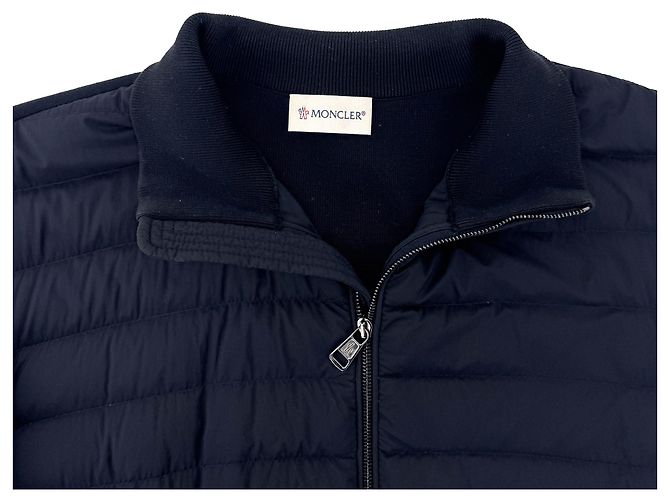 Moncler Cardigã acolchoado masculino em malha de algodão tricotada preto e azul marinho - vista 7