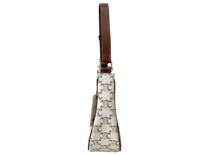 Céline Bolso Hobo Triomphe Triope Canvas Bolso de Hombro Medium White Castaño - vista 4