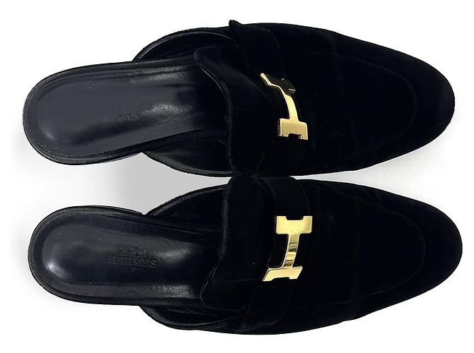 Hermès Mule Loafer Trocadero in velluto con logo dorato Nero - vista 10
