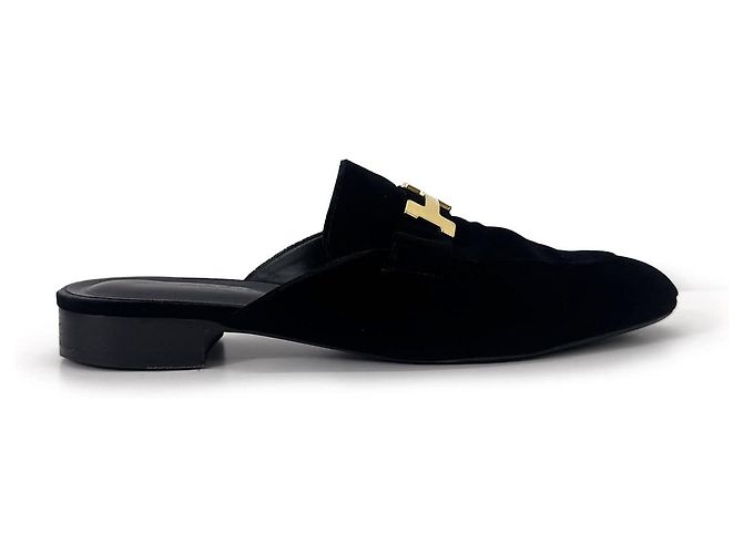 Hermès Mule Loafer Trocadero in velluto con logo dorato Nero - vista 2