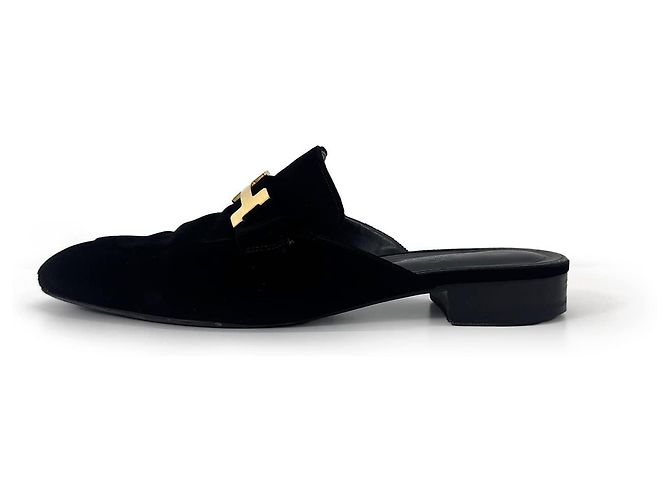Hermès Mule Loafer Trocadero in velluto con logo dorato Nero - vista 4