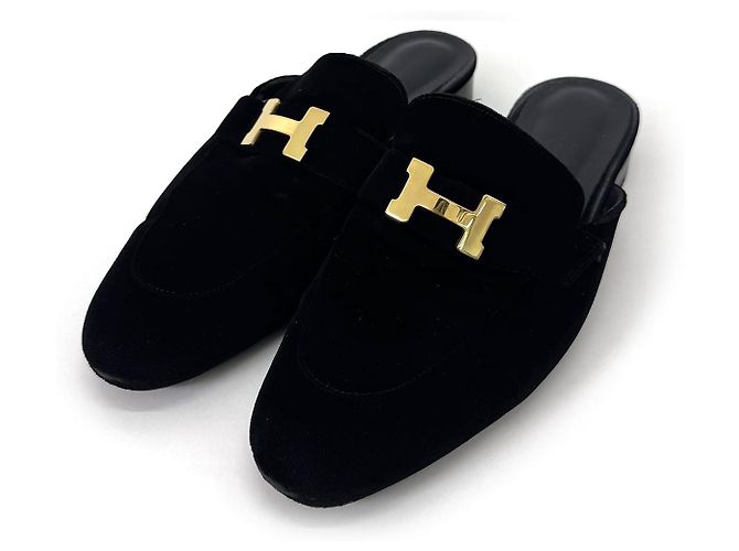 Hermès Mule Loafer Trocadero in velluto con logo dorato Nero - vista 7