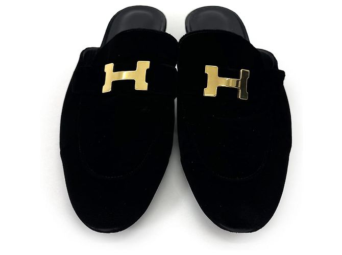 Hermès Mule Loafer Trocadero in velluto con logo dorato Nero - vista 8