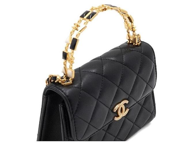 Chanel Borsa Tote in pelle d'agnello nera con manico superiore e logo CC dorato Nero - vista 10