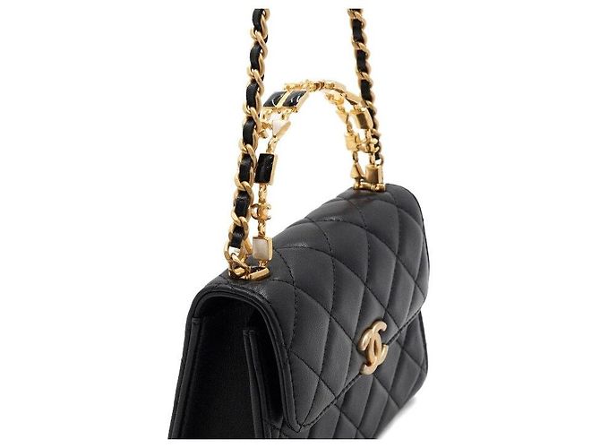 Chanel Borsa Tote in pelle d'agnello nera con manico superiore e logo CC dorato Nero - vista 11