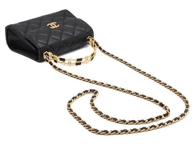 Chanel Borsa Tote in pelle d'agnello nera con manico superiore e logo CC dorato Nero - vista 12