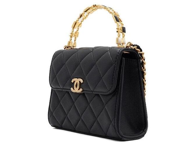 Chanel Borsa Tote in pelle d'agnello nera con manico superiore e logo CC dorato Nero - vista 2