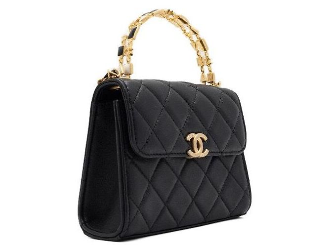 Chanel Borsa Tote in pelle d'agnello nera con manico superiore e logo CC dorato Nero - vista 3