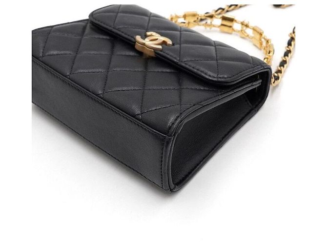 Chanel Borsa Tote in pelle d'agnello nera con manico superiore e logo CC dorato Nero - vista 8