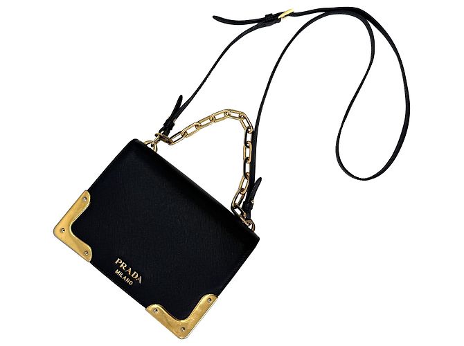 Prada Borsa Camera Crossbody Mini in Saffiano con Catena Nera Nero - vista 9