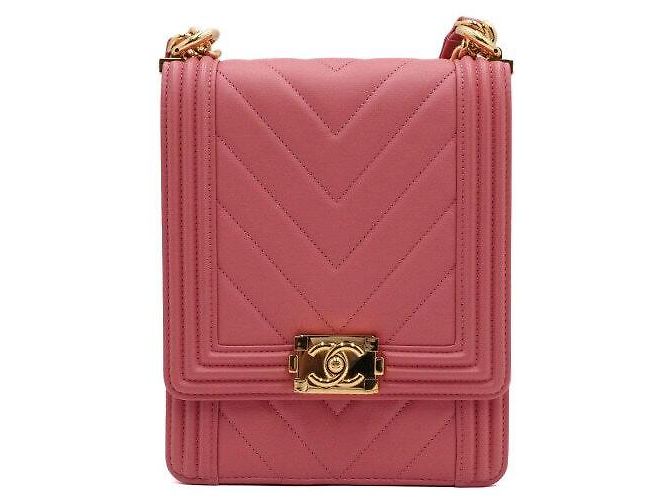 Le Boy Chanel Bolsa de ombro retangular Boy North South em couro rosa com corrente e chevron - Ansicht 2