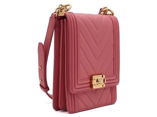 Le Boy Chanel Bolsa de ombro retangular Boy North South em couro rosa com corrente e chevron - Ansicht 4