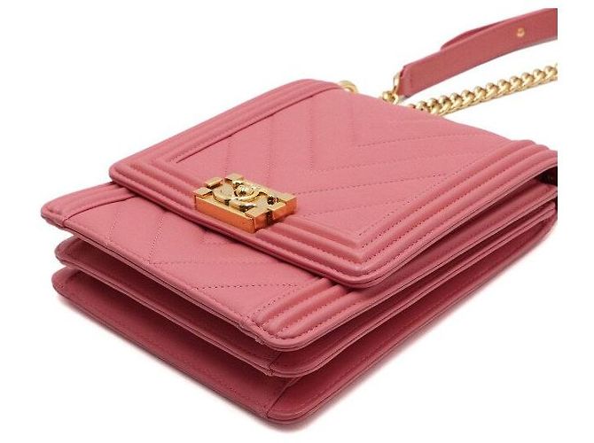 Le Boy Chanel Bolsa de ombro retangular Boy North South em couro rosa com corrente e chevron - Ansicht 9