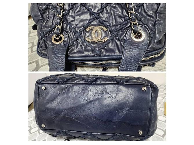 Borsa Bowling CHANEL Ultra Stitch in pelle blu navy - vista 4