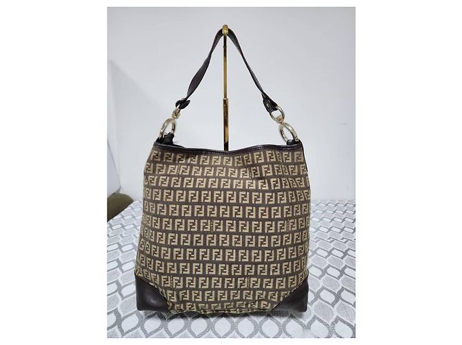 Borsa a Tracolla Fendi Zucchino FF Marrone/Beige - vista 3