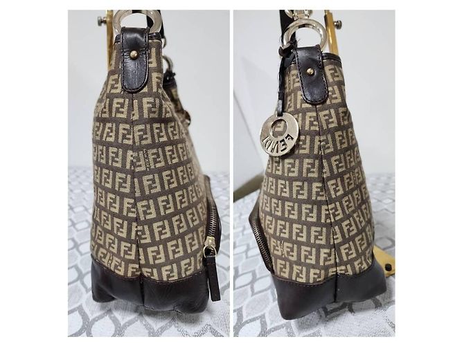 Borsa a Tracolla Fendi Zucchino FF Marrone/Beige - vista 6
