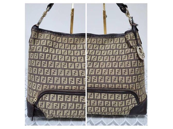 Borsa a Tracolla Fendi Zucchino FF Marrone/Beige - vista 8