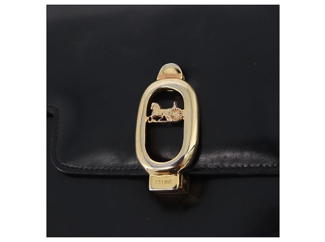 16 Borsa a Spalla CÉLINE Carrozza in Pelle Nera con Finiture Dorate Auth 198641 Nero - vista 17