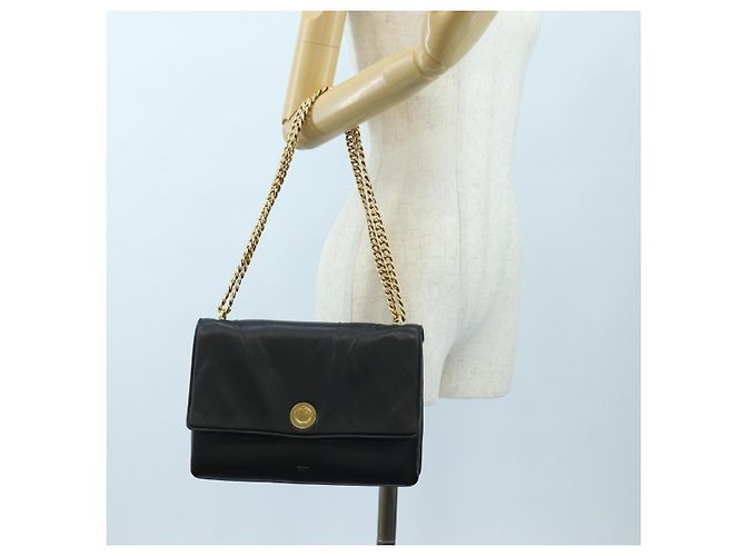Céline Borsa a tracolla con catena CELINE in pelle nera e oro Auth BA14803V Nero - vista 28