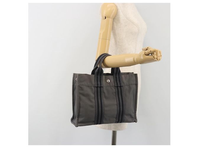 Hermès Borsa HERMES Fourre Tout PM Canvas Grigio Argento Auth 196919A Marrone - vista 20