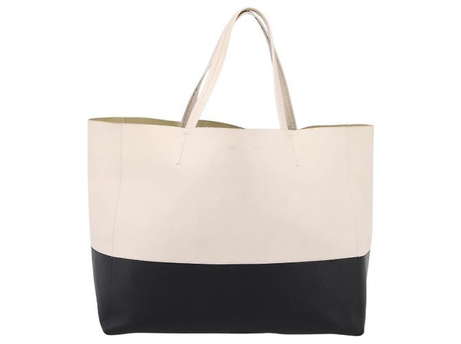 Céline CELINE Horizontal Cabas Large Tote Bag Leather White Black Auth 198621A Nero Bianco - vista 13
