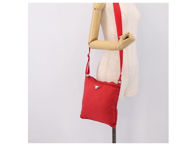Borsa a tracolla PRADA Nylon Rosso Argento Auth 198455 - vista 22