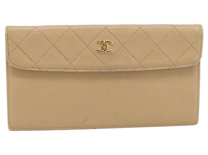 Cartera larga CHANEL Matelasse de piel de cordero Beige Gold CC Auth BA15254 Dorado - vista 2