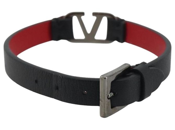 Bracciale VALENTINO Pelle Nero Argento Auth 198840A - vista 3