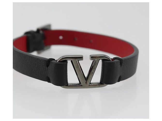 Bracciale VALENTINO Pelle Nero Argento Auth 198840A - vista 6