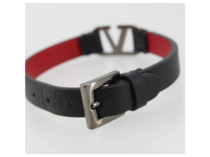 Bracciale VALENTINO Pelle Nero Argento Auth 198840A - vista 7