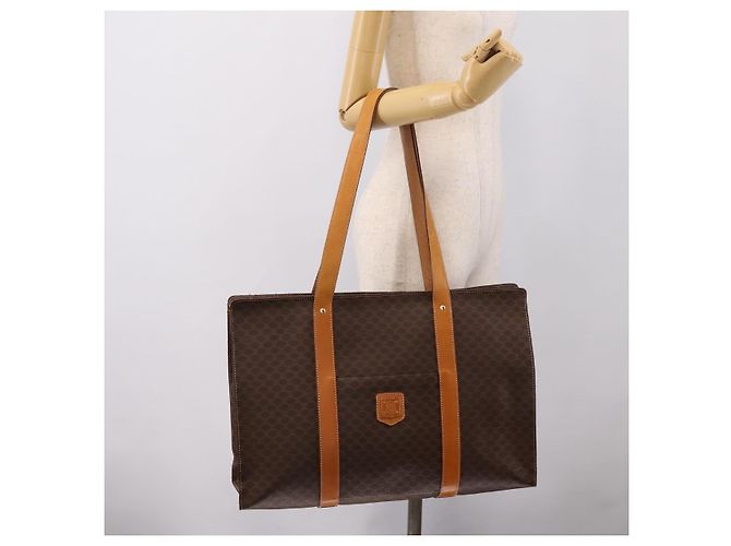 Céline Borsa Tote CELINE Macadam Canvas PVC Pelle Brown Gold Auth ka5704 Marrone D'oro - vista 22
