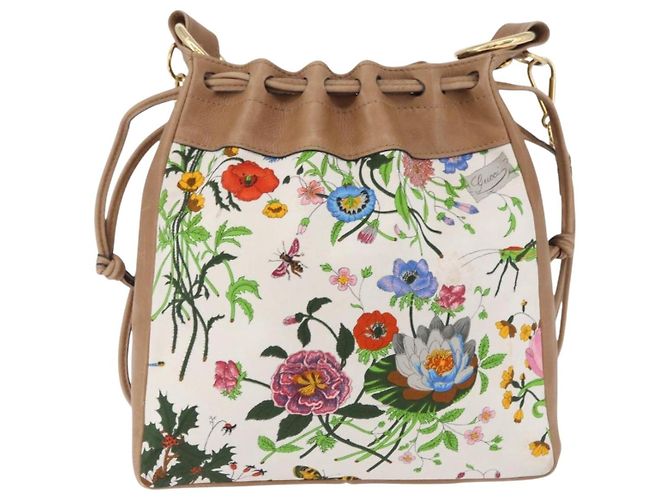 Borsa a tracolla con coulisse GUCCI Flora Canvas White Beige Auth BA14894A Bianco - vista 2
