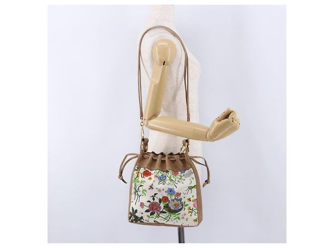 Borsa a tracolla con coulisse GUCCI Flora Canvas White Beige Auth BA14894A Bianco - vista 20