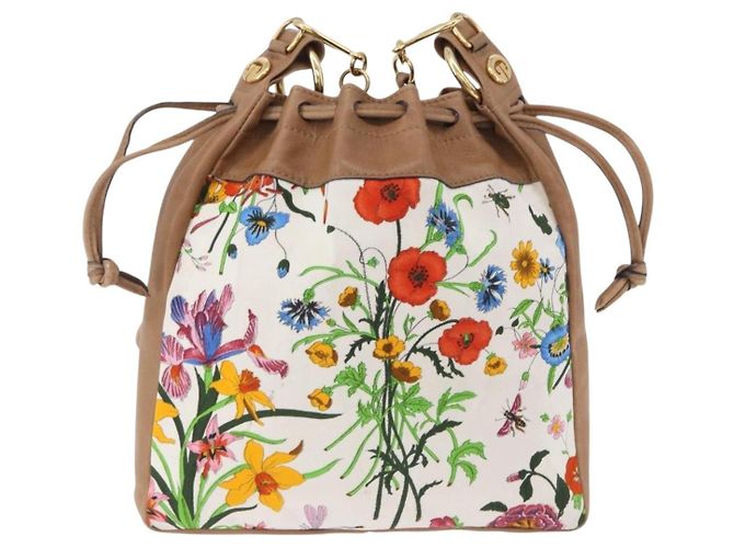 Borsa a tracolla con coulisse GUCCI Flora Canvas White Beige Auth BA14894A Bianco - vista 3