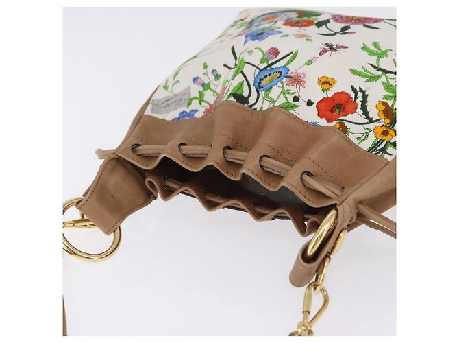 Borsa a tracolla con coulisse GUCCI Flora Canvas White Beige Auth BA14894A Bianco - vista 6