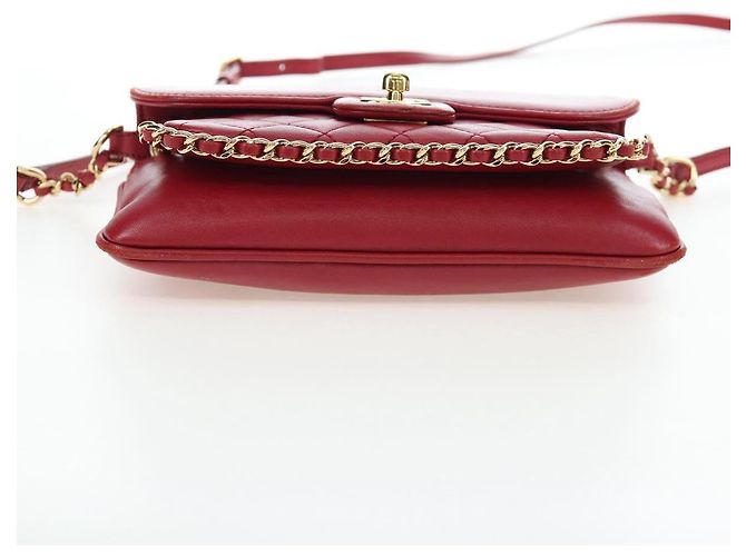 Borsa CHANEL Mini Matelasse 20 con catena in pelle d'agnello 2 vie rossa e oro CC Auth 196377M Rosso D'oro - vista 12